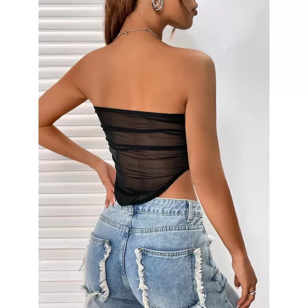 Floerns Women's Strapless Bandeau Ruched Mesh Asymmetrical Hem Crop Tube Top