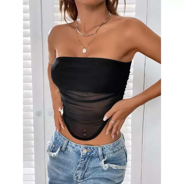 Floerns Women's Strapless Bandeau Ruched Mesh Asymmetrical Hem Crop Tube Top