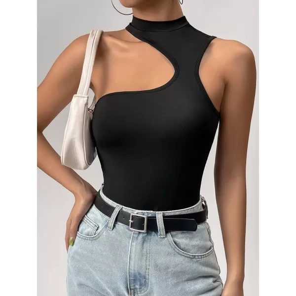 Floerns Women's Stretchy Cut Out Sleeveless Asymmetrical Neck Tank Slim Fit Bodysuit Jumpsuit