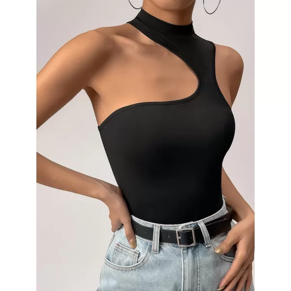 Floerns Women's Stretchy Cut Out Sleeveless Asymmetrical Neck Tank Slim Fit Bodysuit Jumpsuit