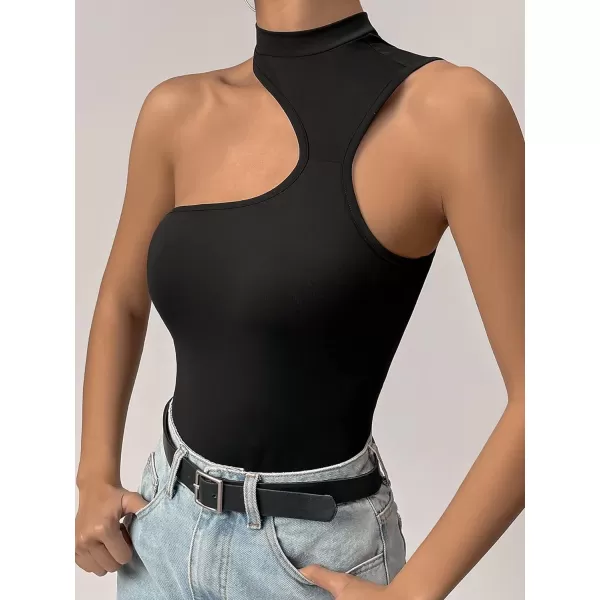Floerns Women's Stretchy Cut Out Sleeveless Asymmetrical Neck Tank Slim Fit Bodysuit Jumpsuit