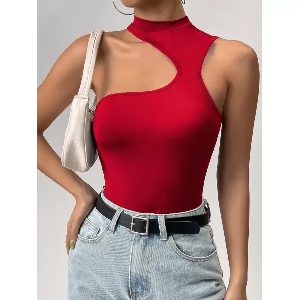Floerns Women's Stretchy Cut Out Sleeveless Asymmetrical Neck Tank Slim Fit Bodysuit Jumpsuit