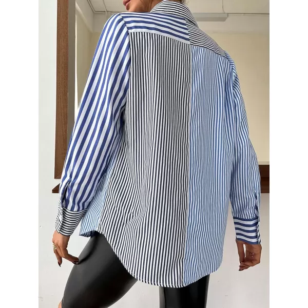 Floerns Women's Striped Print Long Sleeve Lapel Collar Button Down Shirt Blouse