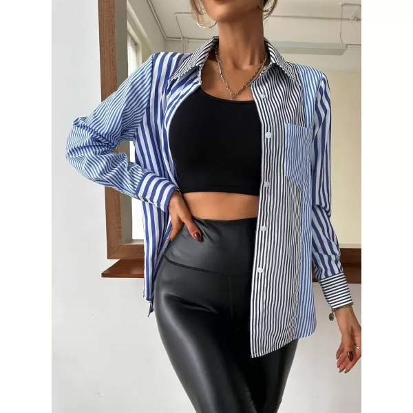 Floerns Women's Striped Print Long Sleeve Lapel Collar Button Down Shirt Blouse