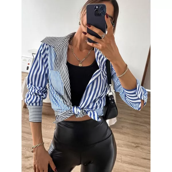 Floerns Women's Striped Print Long Sleeve Lapel Collar Button Down Shirt Blouse