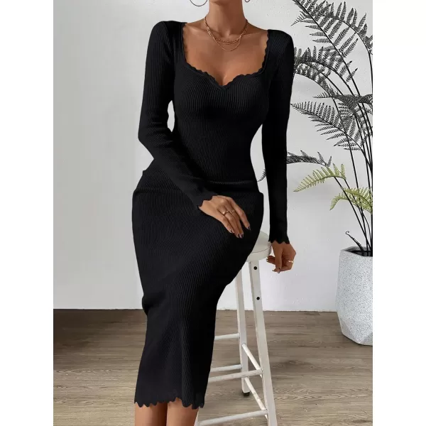 Floerns Women's Sweetheart Neck Rib Knit Long Sleeve Bodycon Long Sweater Dress