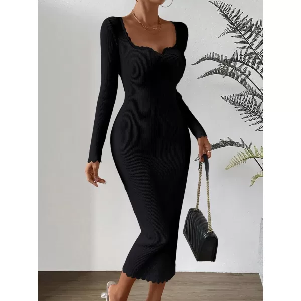 Floerns Women's Sweetheart Neck Rib Knit Long Sleeve Bodycon Long Sweater Dress