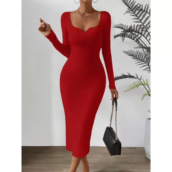 Floerns Women's Sweetheart Neck Rib Knit Long Sleeve Bodycon Long Sweater Dress