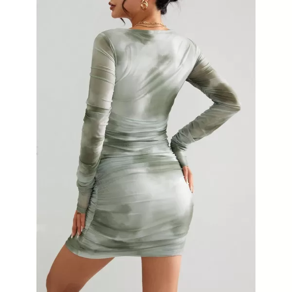 Floerns Women's Tie Dye Long Sleeve Square Neck Ruched Bodycon Mini Dress