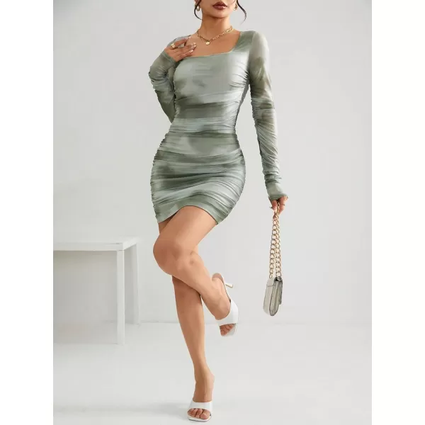 Floerns Women's Tie Dye Long Sleeve Square Neck Ruched Bodycon Mini Dress
