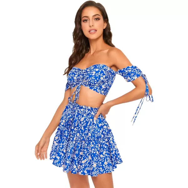 Floerns Women's Two Piece Outfit Floral Off Shoulder Drawstring Crop Top and Skirt Set