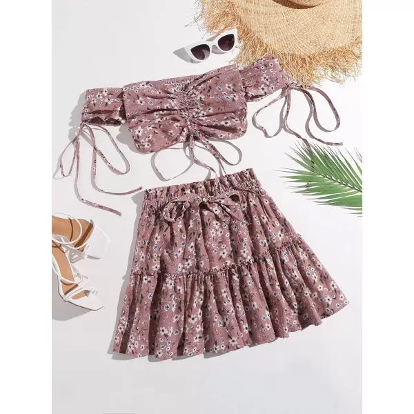Floerns Women's Two Piece Outfit Floral Off Shoulder Drawstring Crop Top and Skirt Set
