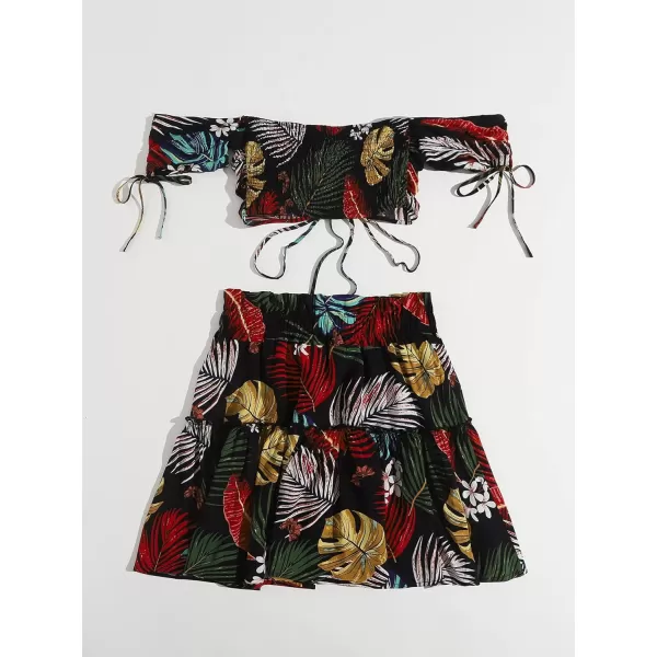 Floerns Women's Two Piece Outfit Floral Off Shoulder Drawstring Crop Top and Skirt Set