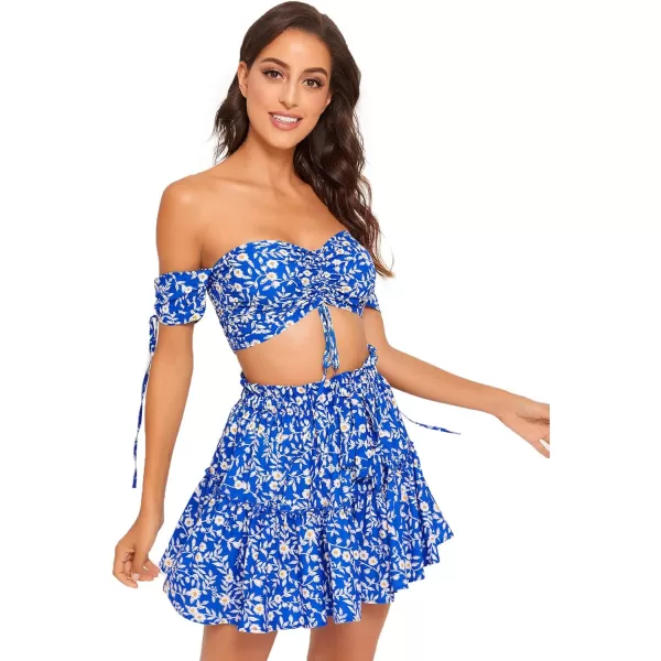 Floerns Women's Two Piece Outfit Floral Off Shoulder Drawstring Crop Top and Skirt Set