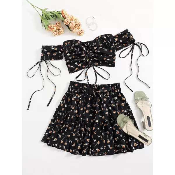 Floerns Women's Two Piece Outfit Floral Off Shoulder Drawstring Crop Top and Skirt Set