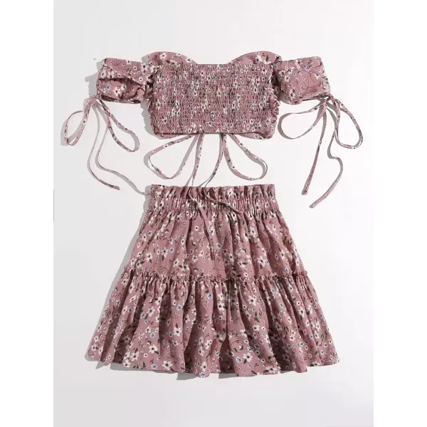 Floerns Women's Two Piece Outfit Floral Off Shoulder Drawstring Crop Top and Skirt Set