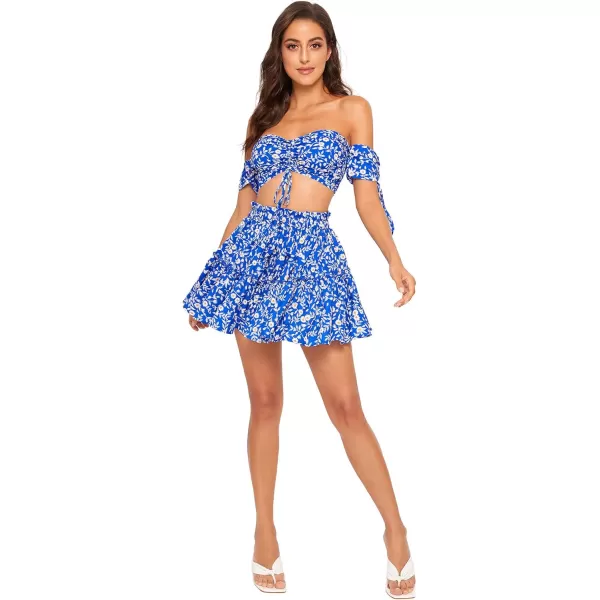 Floerns Women's Two Piece Outfit Floral Off Shoulder Drawstring Crop Top and Skirt Set