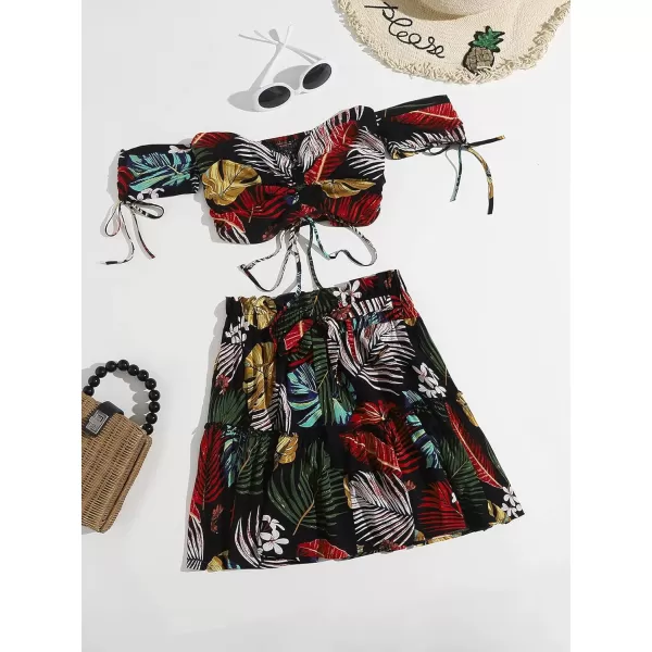 Floerns Women's Two Piece Outfit Floral Off Shoulder Drawstring Crop Top and Skirt Set