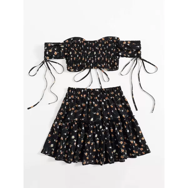 Floerns Women's Two Piece Outfit Floral Off Shoulder Drawstring Crop Top and Skirt Set