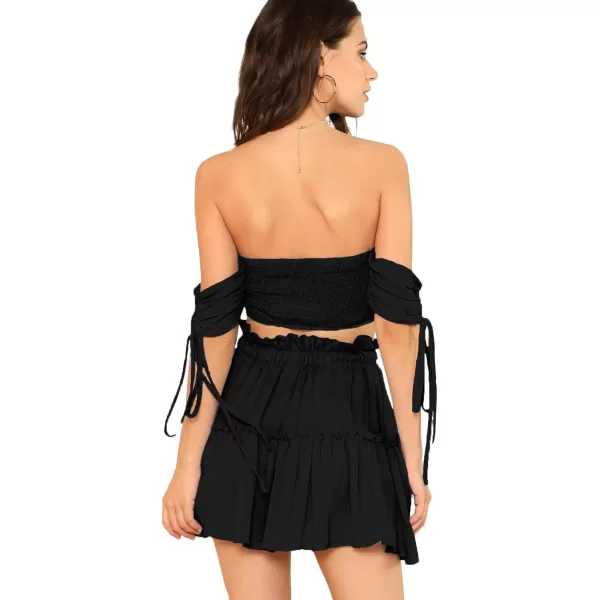 Floerns Women's Two Piece Outfit Off Shoulder Drawstring Crop Top and Skirt Set