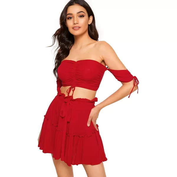 Floerns Women's Two Piece Outfit Off Shoulder Drawstring Crop Top and Skirt Set