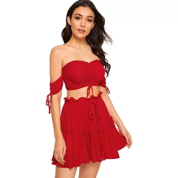 Floerns Women's Two Piece Outfit Off Shoulder Drawstring Crop Top and Skirt Set