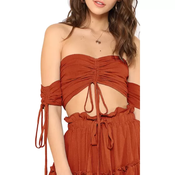 Floerns Women's Two Piece Outfit Off Shoulder Drawstring Crop Top and Skirt Set