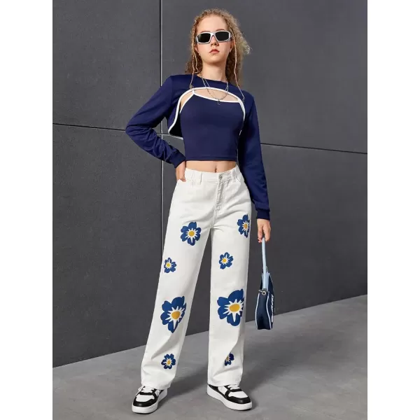 Floerns&nbsp;Women's Straight Leg&nbsp;Baggy Jeans for Teen Girls Butterfly Print