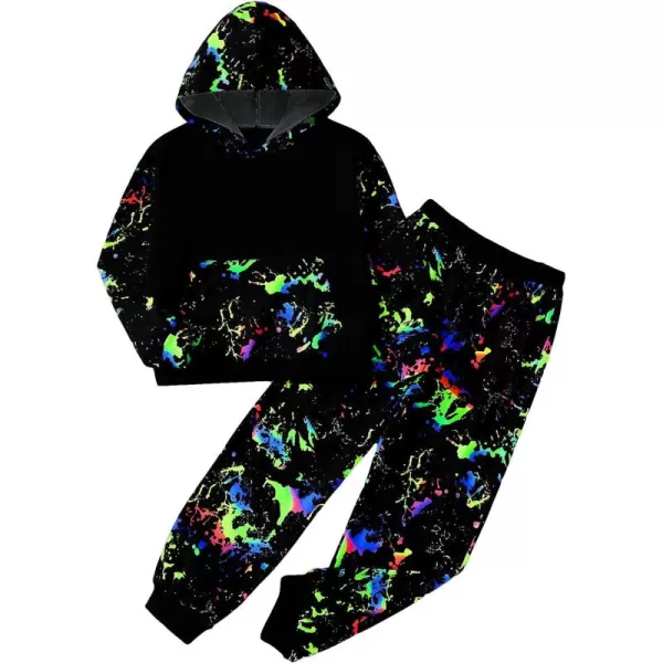 Floerns Boys 2 Piece Outfit Reflective Ink Splatter Long Sleeve Hoodie With Sweatpants Set
