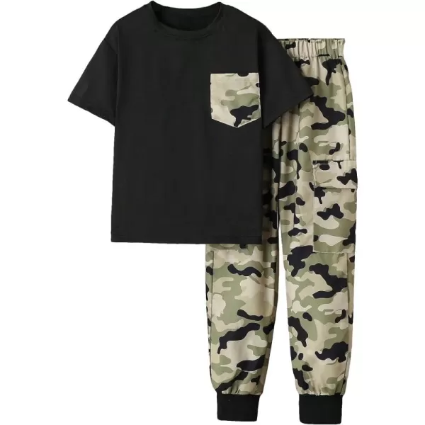 Floerns Boys 2 Piece Outfit Short Sleeve Tee Shirt with Jogger Cargo Pants Set