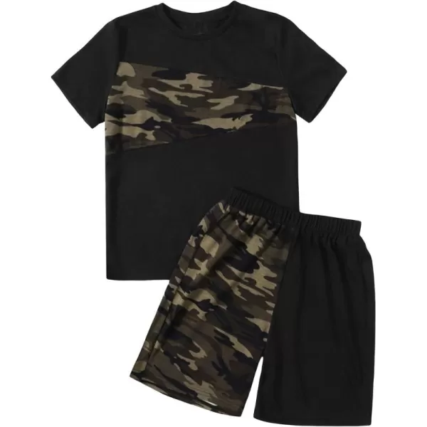 Floerns Boys 2 Piece Outfits Print Short Sleeve Camo Tee Shirt and Drawstring Shorts Set