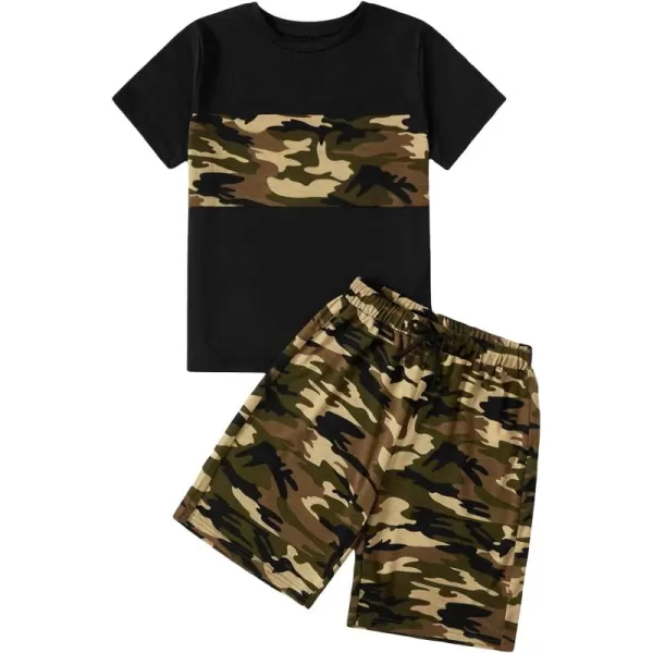 Floerns Boys 2 Piece Outfits Print Short Sleeve Camo Tee Shirt and Drawstring Shorts Set
