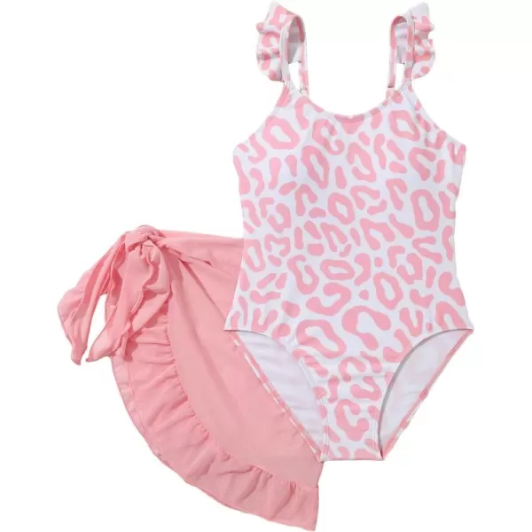 Floerns Girls 2 Piece Leopard Print Ruffle Trim One Piece Swimsuit with Cover Up