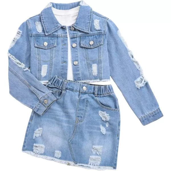 Floerns Girl's 2 Piece Outfit Collared Button Up Long Sleeve Denim Jacket And Short Skirt Set