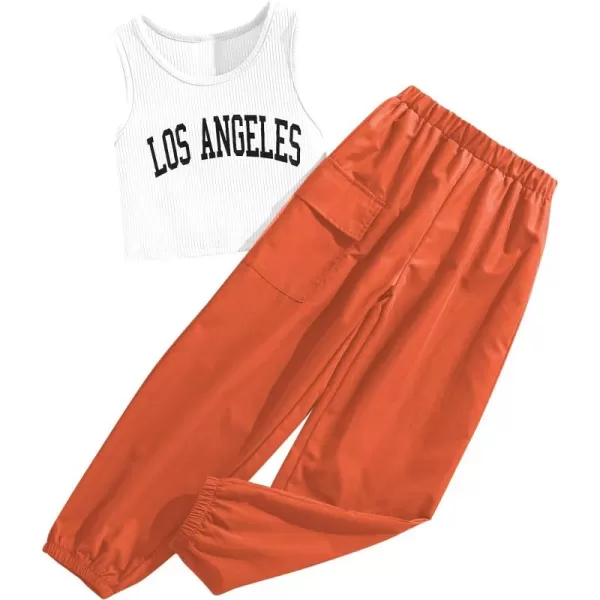 Floerns Girls 2 Piece Outfit Letter Print Rib Knit Crop Tank Top and Cargo Pants