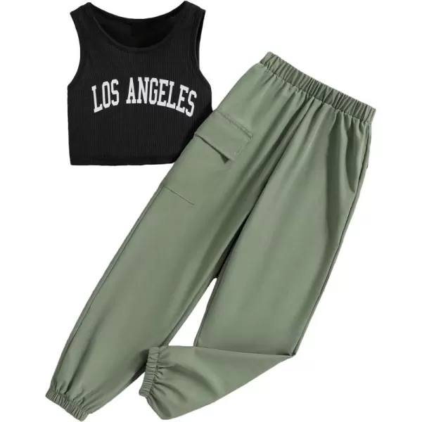 Floerns Girls 2 Piece Outfit Letter Print Rib Knit Crop Tank Top and Cargo Pants