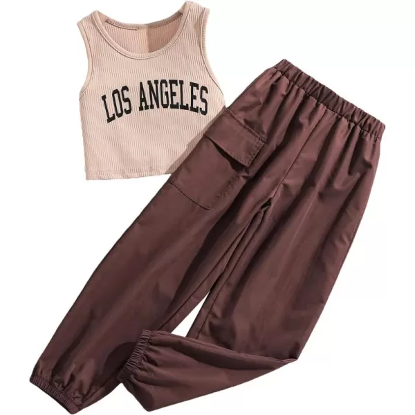 Floerns Girls 2 Piece Outfit Letter Print Rib Knit Crop Tank Top and Cargo Pants