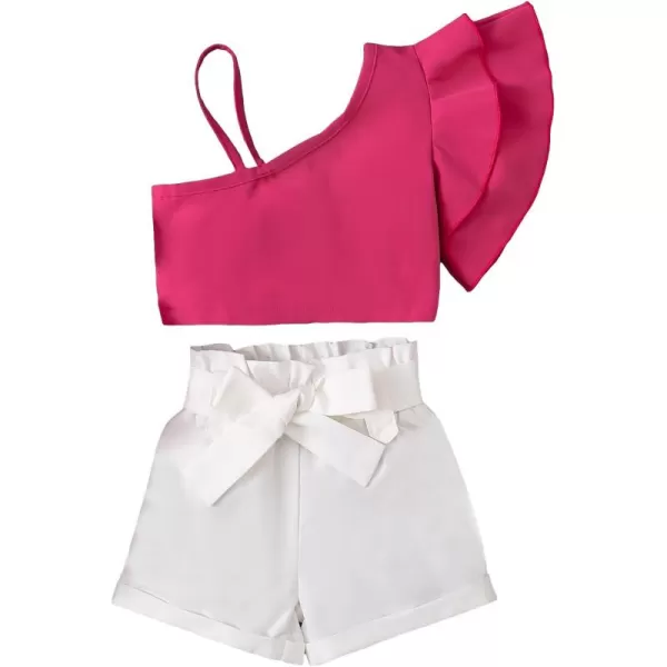 Floerns Girls 2 Piece Outfit One Shoulder Top and Bowknot Elastic Waist Shorts Set