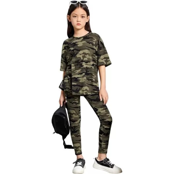 Floerns Girls 2 Piece Outfit Short Sleeve Tee Shirt with Leggings Pants Set
