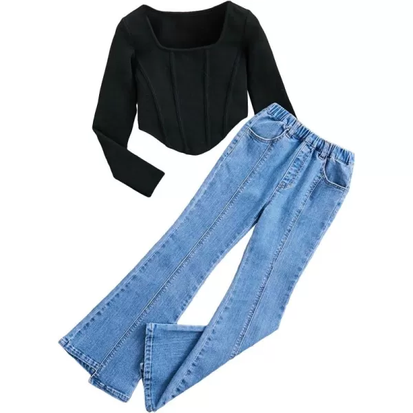 Floerns Girl's 2 Piece Outfit Square Neck Hanky Hem Tee Flare Leg Denim Pants Set