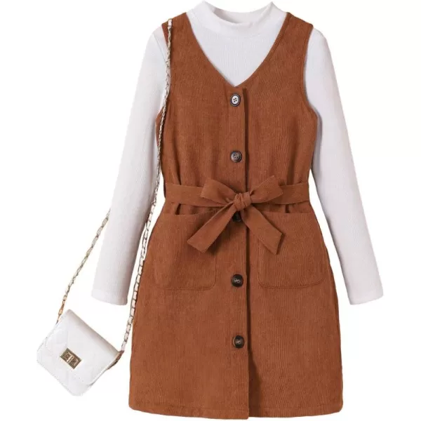Floerns Girl's 2 Piece Outfit Tee Shirt Button Front Corduroy Overall Dress Set