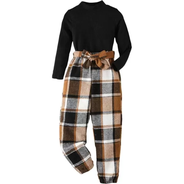 Floerns Girl's 3 Piece Outfit Mock Neck Tee Plaid Print Belted Pants with Hat