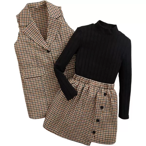 Floerns Girl's 3 Piece Outfit Plaid Vest Jacket with Mock Neck Tee Short Skirt Set