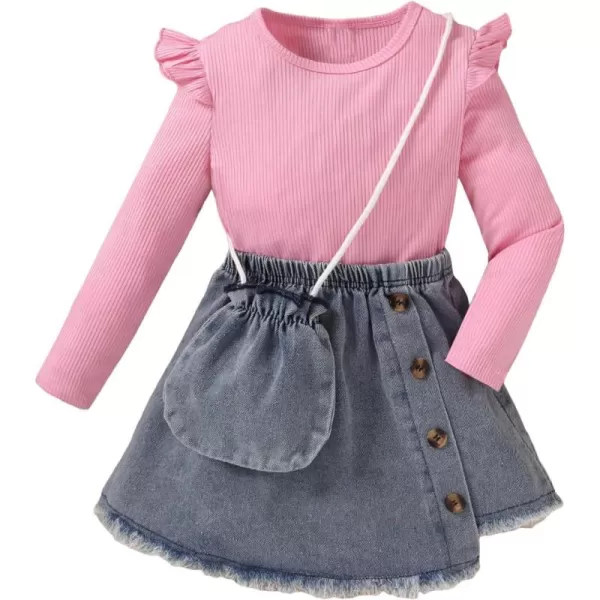 Floerns Girl's 3 Piece Outfit Ruffle Trim Long Sleeve Tee Shirt Denim Skirt with Bag