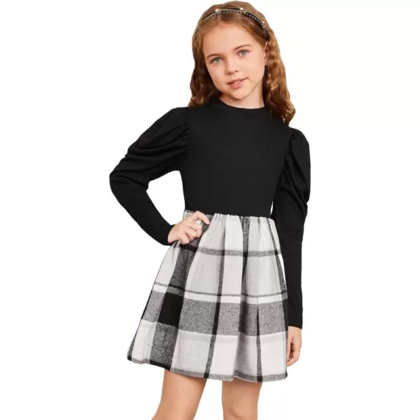 Floerns Girl's Colorblock Plaid Gigot Long Sleeve Mock Neck A Line Dress with Belt