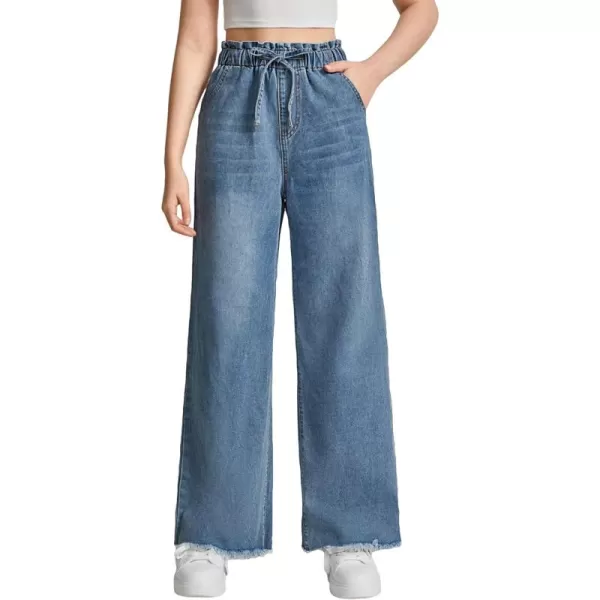 Floerns Girl's Denim Raw Hem Paperbag Waist Light Wash Slant Pocket Wide Leg Pants