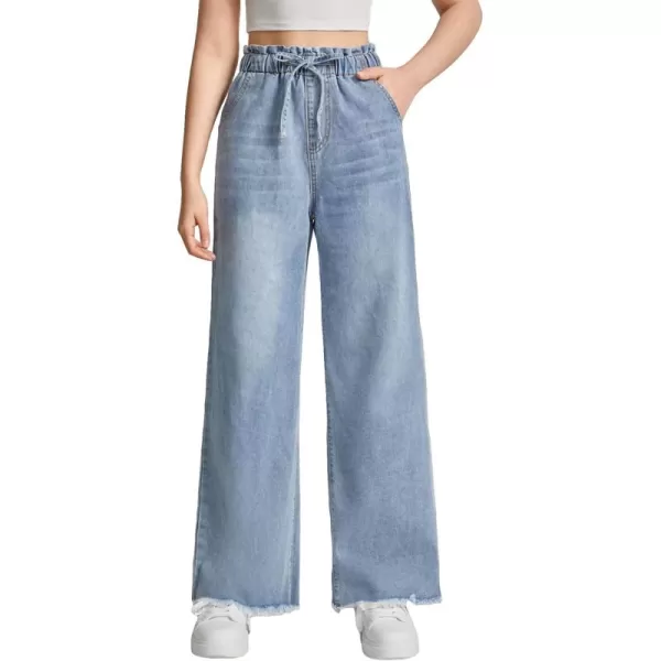 Floerns Girl's Denim Raw Hem Paperbag Waist Light Wash Slant Pocket Wide Leg Pants
