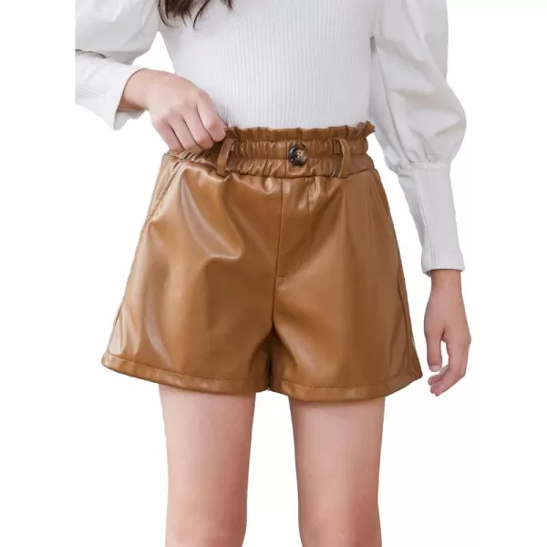 Floerns Girls Paperbag Shorts Loose Fit High Waist PU Leather Wide Leg Shorts