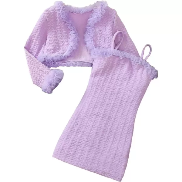 Floerns Girls Party 2 Piece Outfit Fuzzy Trim Open Front Jacket with Cami Dress
