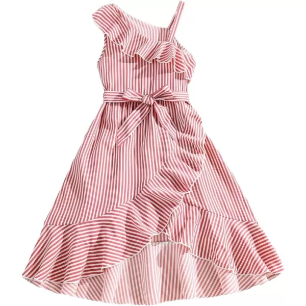 Floerns Girls Striped Print Asymmetrical Neck Sleeveless Ruffle Trim Wrap A Line Midi Dress
